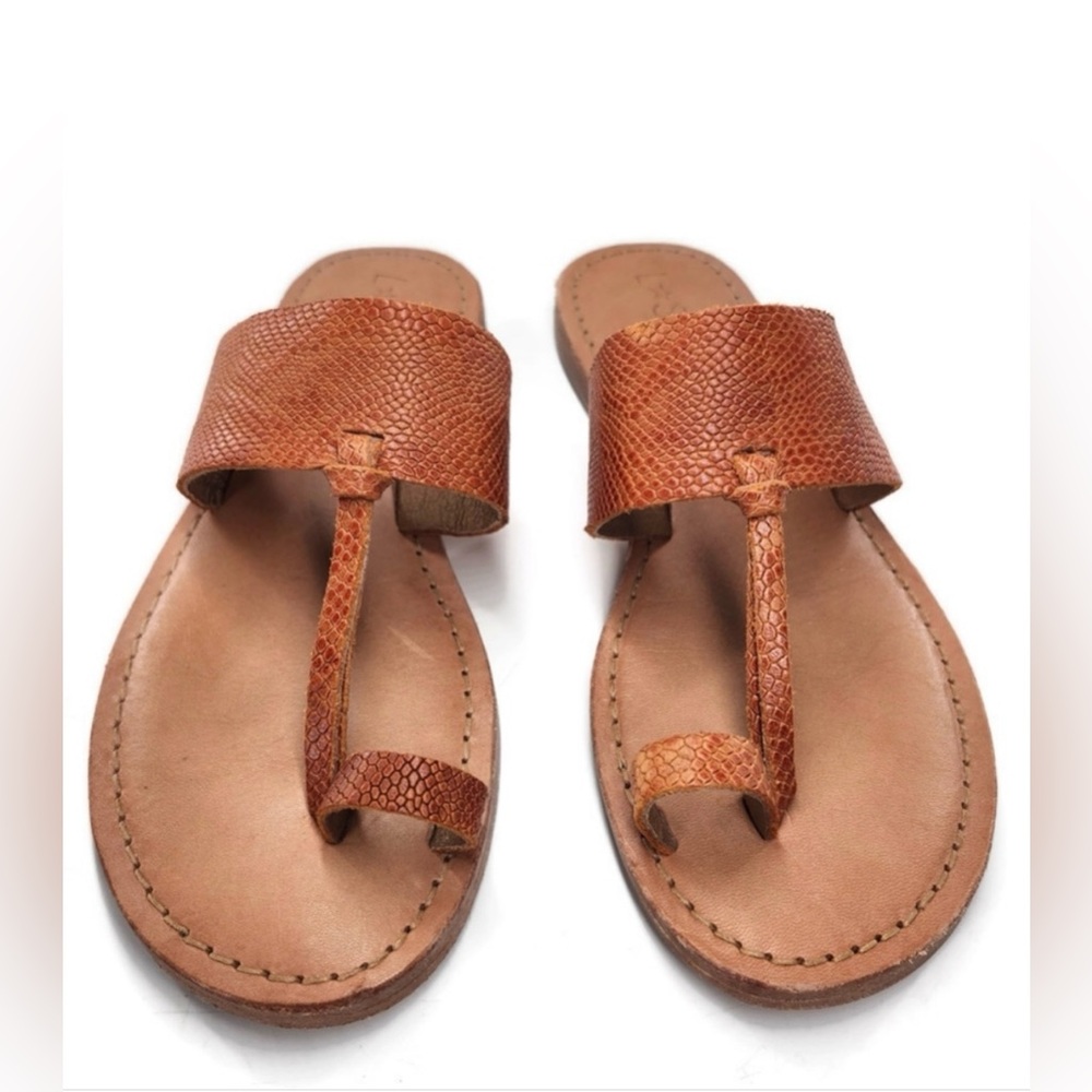 L*Space Miramar Handmade Tan Leather Snake Embossed Toe Post & Loop Sandals - Picture 12 of 13